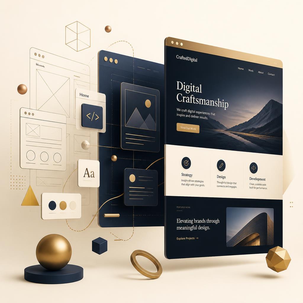 Abstract 3D composition of browser windows and design elements